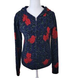 Til The End Blue Green W/ Red Rose Pattern Hoodie Full Zip Knit Sweater Size S
